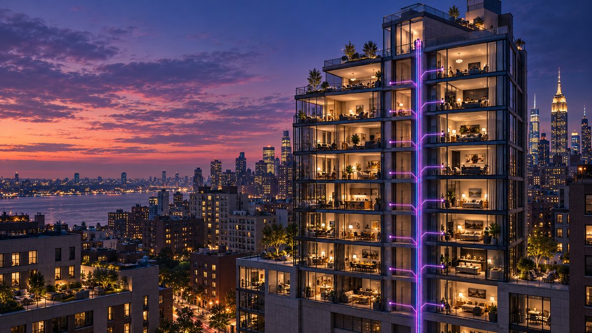 A New York City multifamily tower at dusk, its illuminated residences shown in cutaway with a fiber riser running the full height of the building, the Manhattan skyline and the Empire State Building beyond.