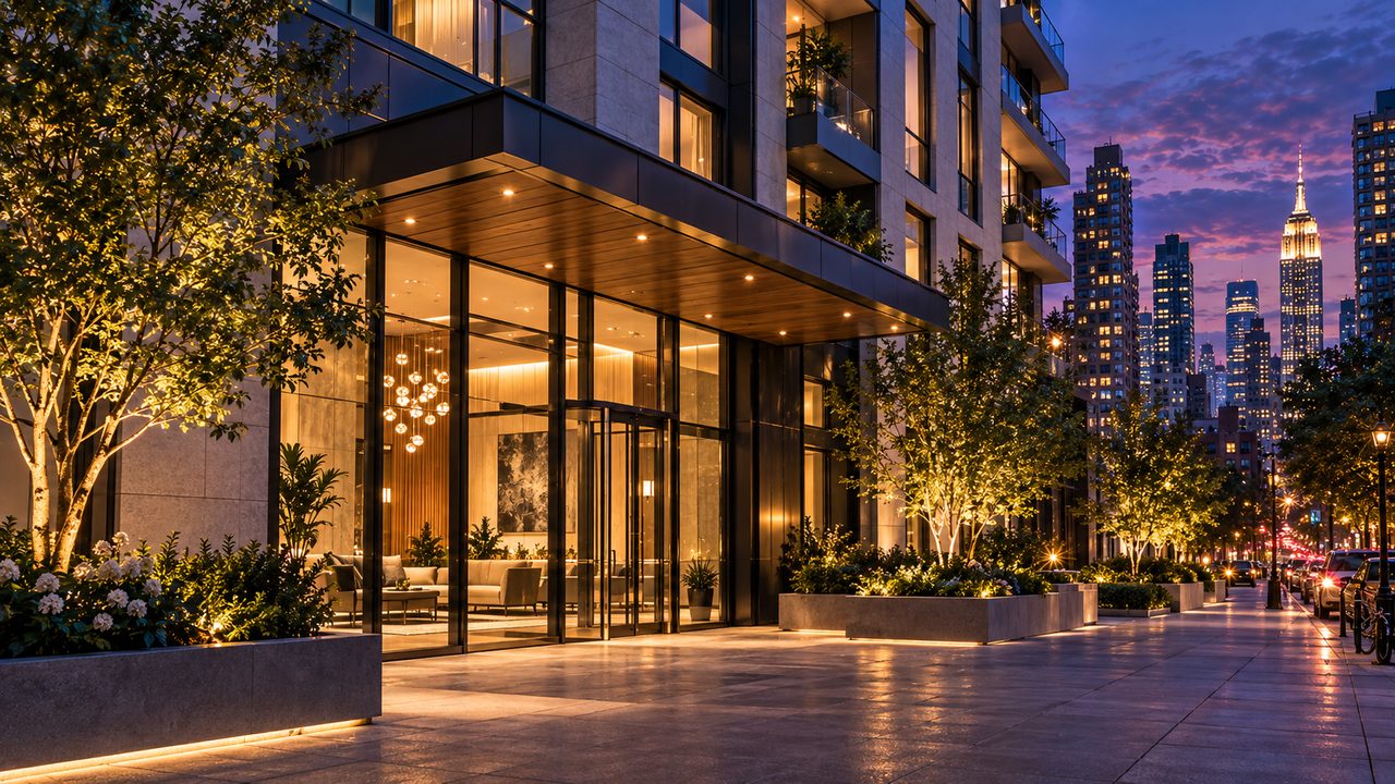 The lit residential entrance of a new Manhattan multifamily building at dusk, with a landscaped sidewalk and the Empire State Building on the skyline beyond.